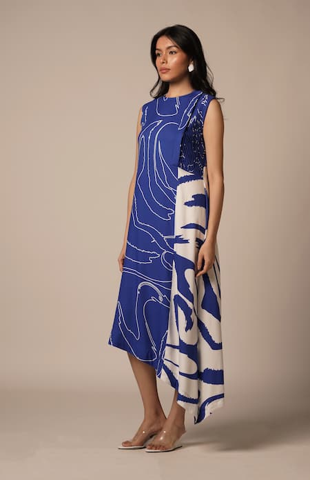 Shop_Advait_Blue Rayon Twill Print Abstract Round Neck Pleated High Low Dress _Online_at_Aza_Fashions