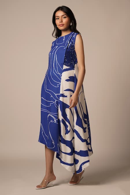 Advait_Blue Rayon Twill Print Abstract Round Neck Pleated High Low Dress _at_Aza_Fashions