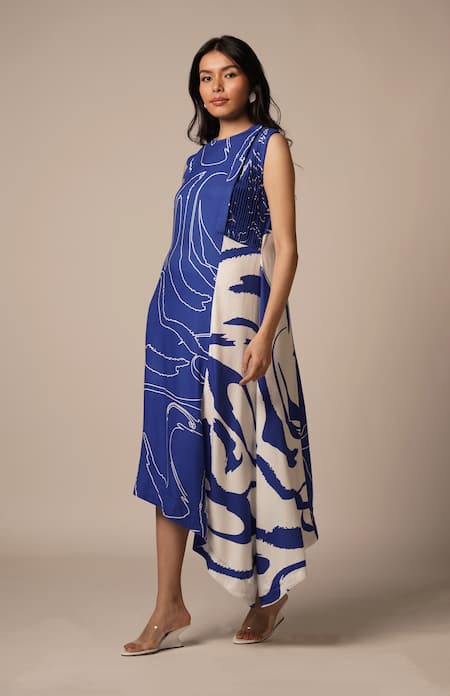 Buy_Advait_Blue Rayon Twill Print Abstract Round Neck Pleated High Low Dress 