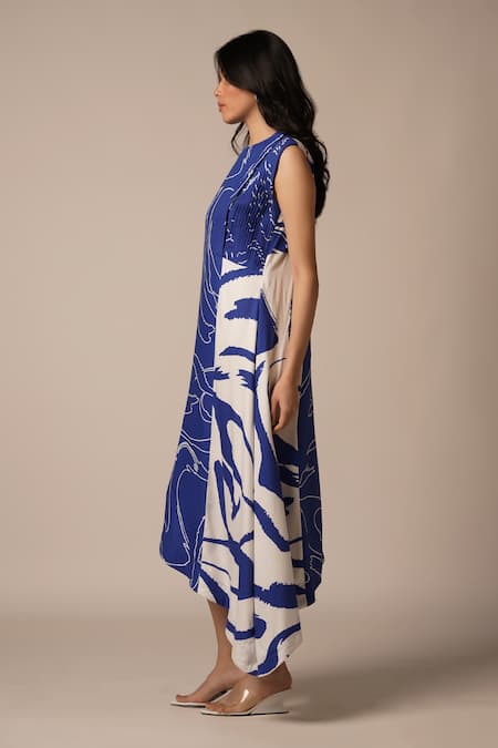 Shop_Advait_Blue Rayon Twill Print Abstract Round Neck Pleated High Low Dress 