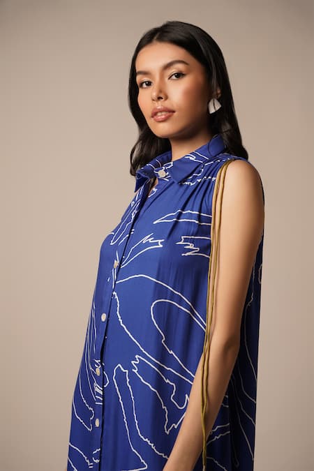 Buy_Advait_Blue Rayon Twill Print Galaxy Collar Neck Short Dress _Online_at_Aza_Fashions