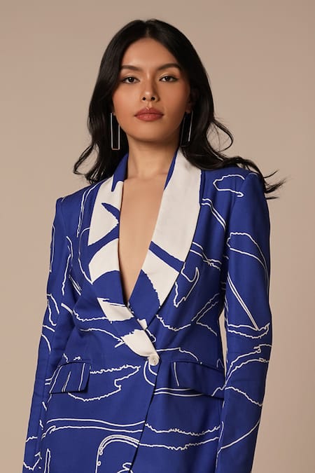 Buy Advait Blue Rayon Twill Print Abstract Lapel Collar Neck Asymmetrical Blazer Dress Online at Aza Fashions Buy_Advait_Blue Rayon Twill Print Abstract Lapel Collar Neck Asymmetrical Blazer Dress _Online_at_Aza_Fashions