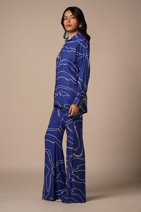 Buy_Advait_Blue Rayon Twill Print Abstract Flared Trouser _Online_at_Aza_Fashions