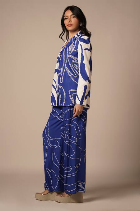 Advait_Blue Rayon Twill Print Abstract Camp Collar Blazer _Online_at_Aza_Fashions