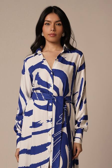 Advait_Blue Rayon Twill Print Abstract Collar Neck Maxi Shirt Dress _Online_at_Aza_Fashions