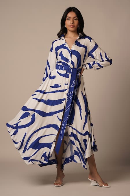 Buy_Advait_Blue Rayon Twill Print Abstract Collar Neck Maxi Shirt Dress _Online_at_Aza_Fashions