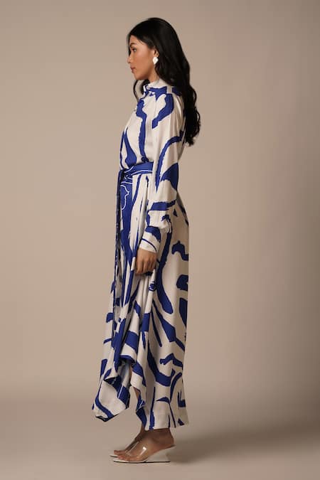 Shop_Advait_Blue Rayon Twill Print Abstract Collar Neck Maxi Shirt Dress _Online_at_Aza_Fashions