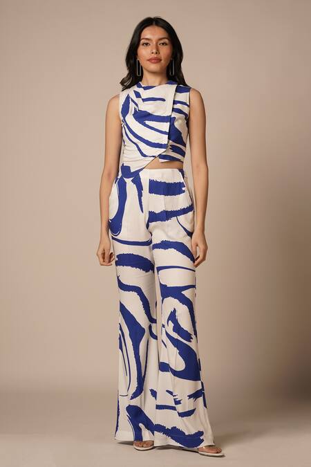 Advait_Blue Rayon Twill Print Abstract Swerve Round Neck Draped Vest Top _Online_at_Aza_Fashions