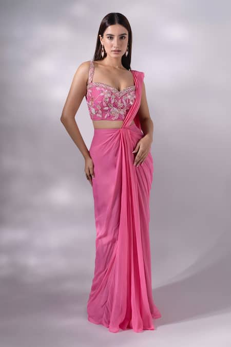 Dajwaree_Pink Organza Cut Work, Beads, Embroidery, Floral Cutdana Pre-draped Saree _Online_at_Aza_Fashions