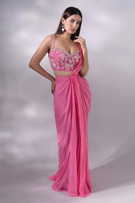 Buy_Dajwaree_Pink Organza Cut Work, Beads, Embroidery, Floral Cutdana Pre-draped Saree _Online_at_Aza_Fashions