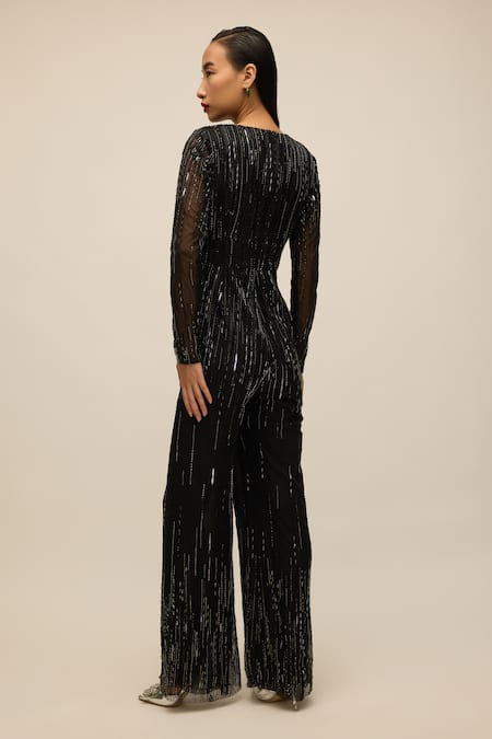 House Of Eda Black Hand Embellished Wide Leg Jumpsuit
