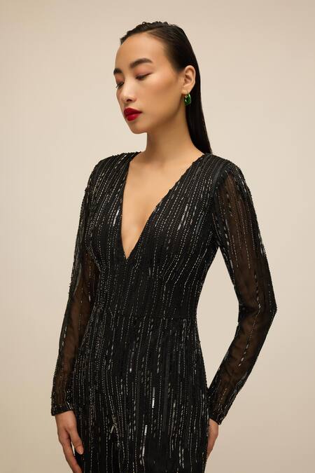 Buy House Of Eda Black Shell 100% Nylon Hand Embellished Bead Plunge V Wide Leg Jumpsuit Online at Aza Fashions Buy_House Of Eda_Black Shell 100% Nylon Hand Embellished Bead Plunge V Wide Leg Jumpsuit _Online_at_Aza_Fashions