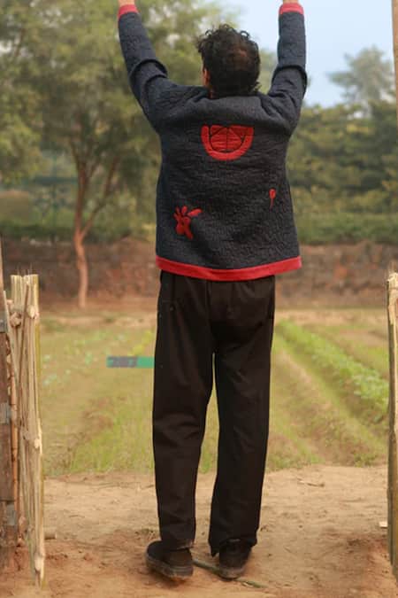 Doodlage Dark Blue Leaf Bloom Applique Jacket 