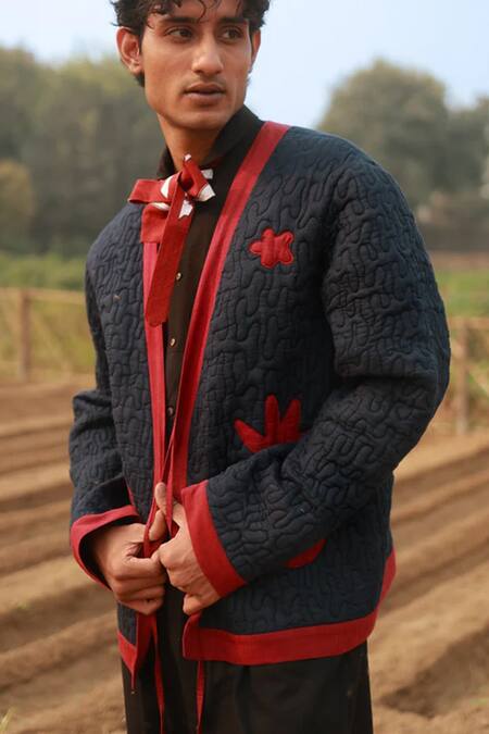 Doodlage_Blue Quilted Cotton Applique Leaf Bloom Dark Jacket _Online_at_Aza_Fashions