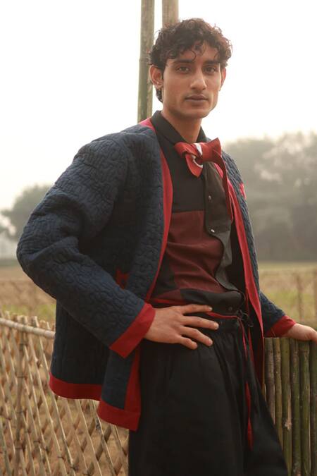 Buy_Doodlage_Blue Quilted Cotton Applique Leaf Bloom Dark Jacket _Online_at_Aza_Fashions