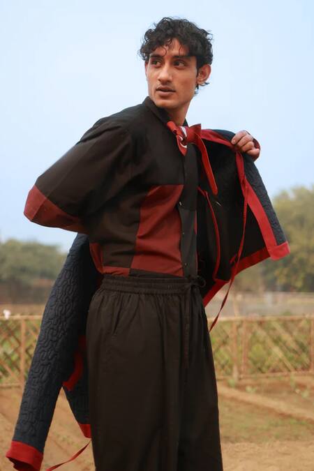 Shop_Doodlage_Blue Quilted Cotton Applique Leaf Bloom Dark Jacket _Online_at_Aza_Fashions