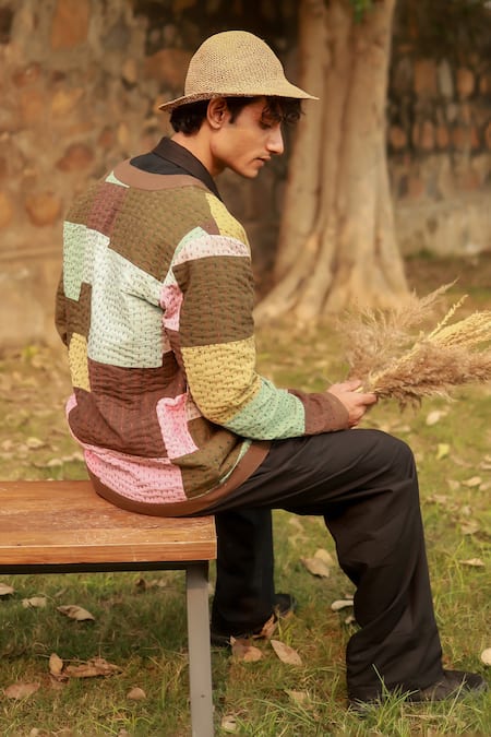 Shop_Doodlage_Multi Color Upcycled Cotton (varied Factory Deadstock) Patch Kantha Jacket _at_Aza_Fashions