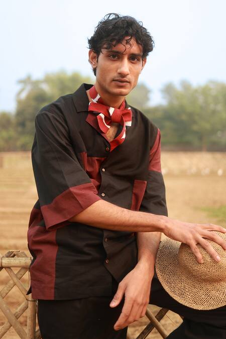 Shop_Doodlage_Black Cotton Patchwork Tile Half Sleeves Shirt _Online_at_Aza_Fashions