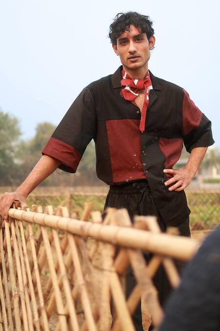 Doodlage_Black Cotton Patchwork Tile Half Sleeves Shirt _at_Aza_Fashions