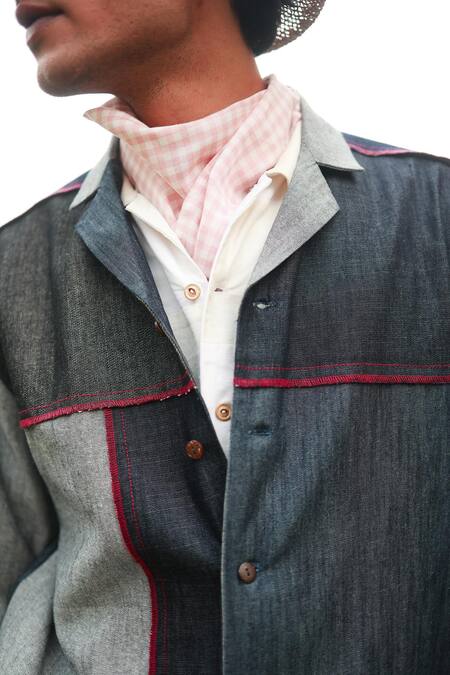 Doodlage_Multi Color Upcycled Denim Patchwork Shirt With Contrast Stitch _Online_at_Aza_Fashions