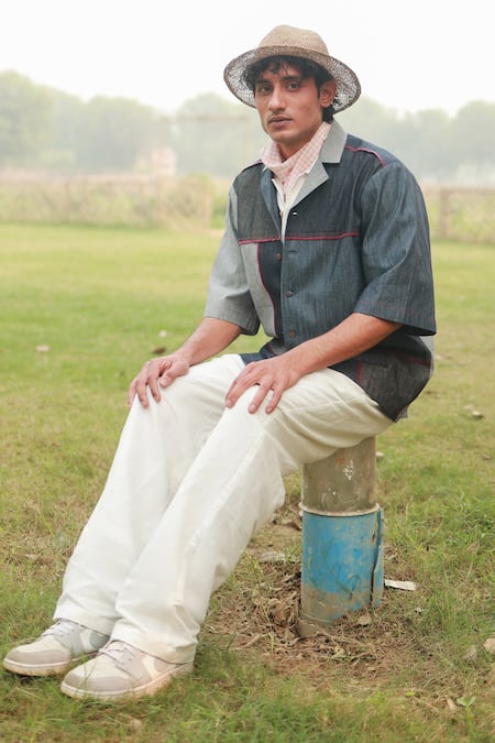 Buy_Doodlage_Multi Color Upcycled Denim Patchwork Shirt With Contrast Stitch _Online_at_Aza_Fashions