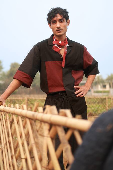 Doodlage_Black Cotton Blend Patchwork Tile Shirt And Trouser Set _Online_at_Aza_Fashions