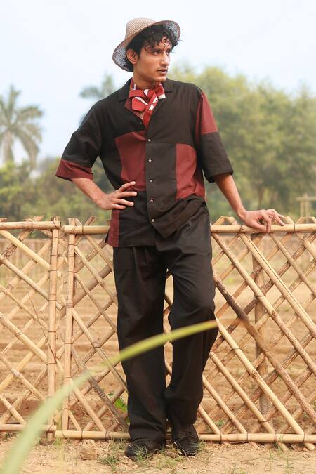 Doodlage_Black Cotton Blend Patchwork Tile Shirt And Trouser Set _at_Aza_Fashions
