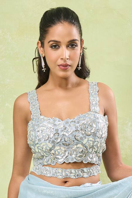 Samyukta Singhania_Aqua Satin Sequins Asymmetric Rosa Embroidered Pre-draped Ruffle Saree Set_Online_at_Aza_Fashions