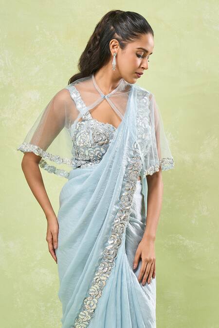 Shop_Samyukta Singhania_Aqua Satin Sequins Asymmetric Rosa Embroidered Pre-draped Ruffle Saree Set_Online_at_Aza_Fashions