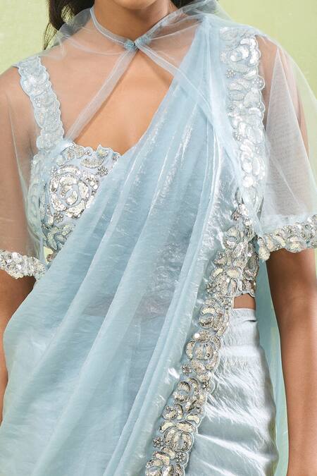 Samyukta Singhania_Aqua Satin Sequins Asymmetric Rosa Embroidered Pre-draped Ruffle Saree Set_at_Aza_Fashions