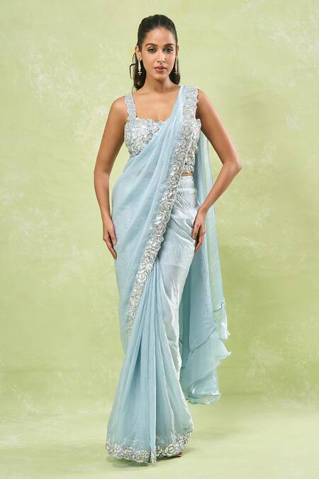 Buy_Samyukta Singhania_Aqua Satin Sequins Asymmetric Rosa Embroidered Pre-draped Ruffle Saree Set