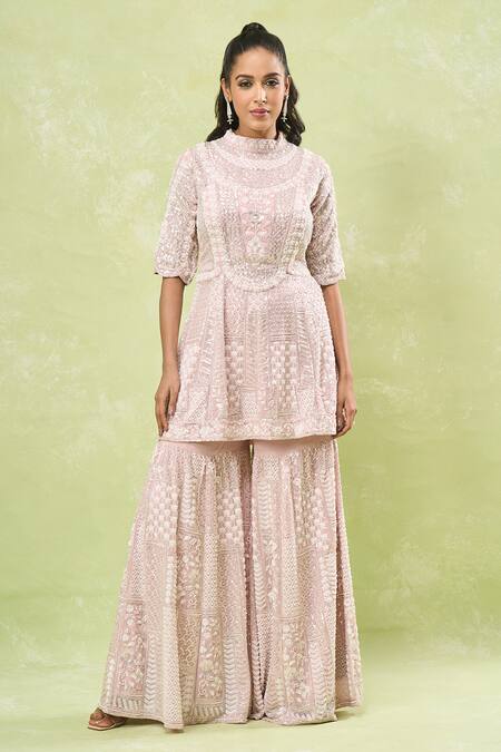 Samyukta Singhania_Pink Georgette Sequins, Beads High Neck Embroidered Peplum Kurta Set_Online_at_Aza_Fashions