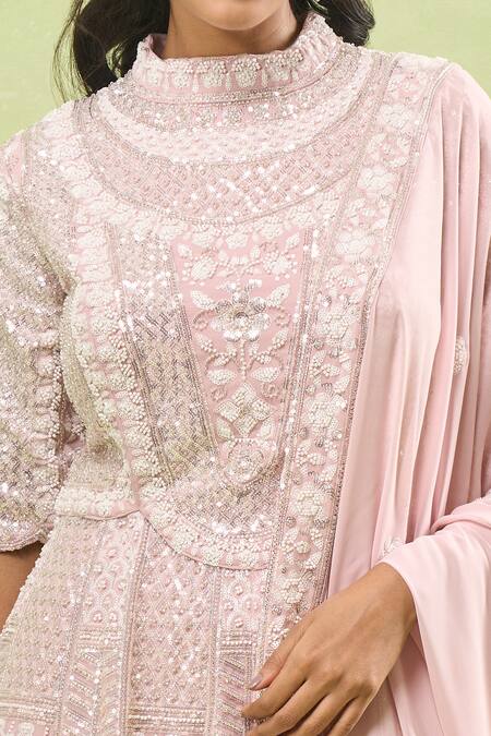 Shop_Samyukta Singhania_Pink Georgette Sequins, Beads High Neck Embroidered Peplum Kurta Set_Online_at_Aza_Fashions