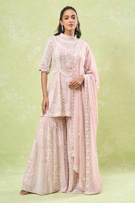 Buy_Samyukta Singhania_Pink Georgette Sequins, Beads High Neck Embroidered Peplum Kurta Set