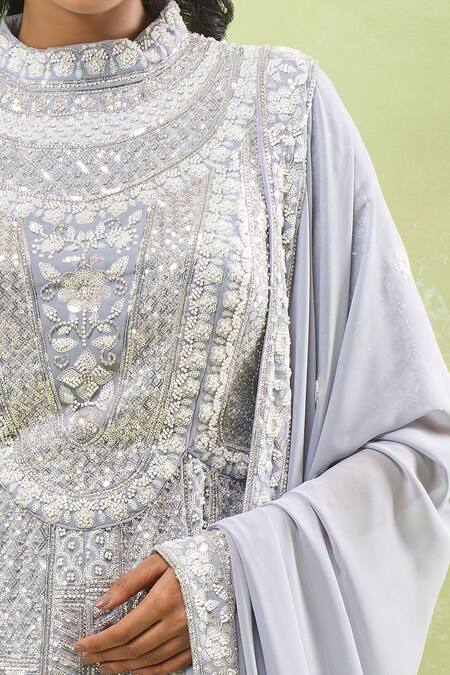 Samyukta Singhania_Gray Georgette Sequins, Beads High Neck Grey Embroidered Kurta Set_Online_at_Aza_Fashions