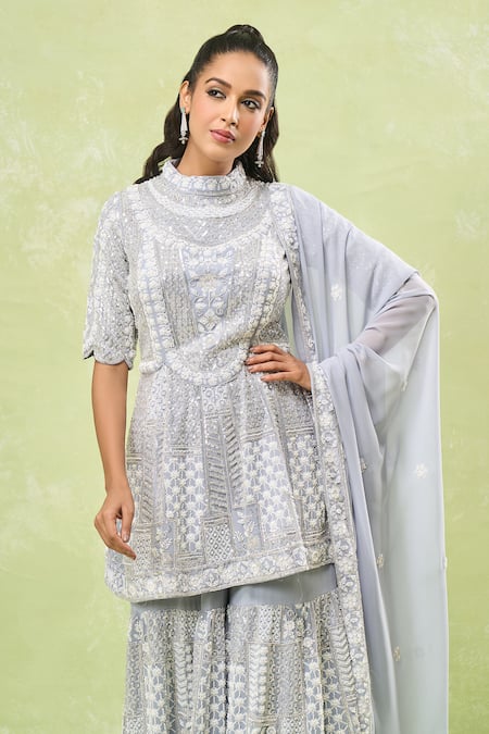 Samyukta Singhania_Gray Georgette Sequins, Beads High Neck Grey Embroidered Kurta Set_at_Aza_Fashions