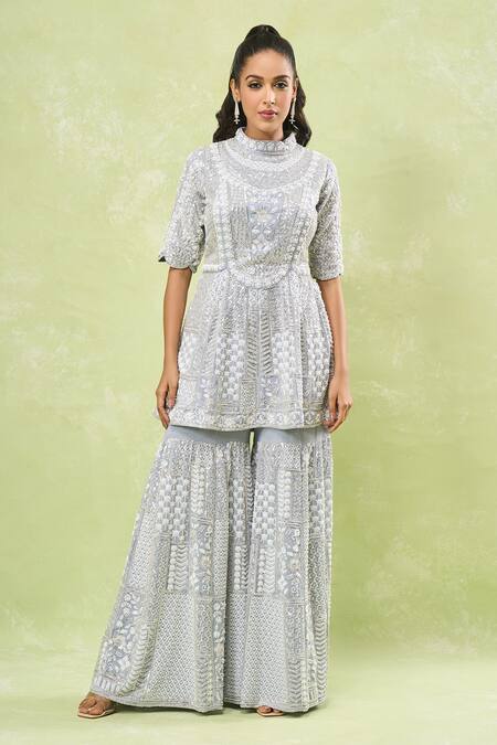 Buy_Samyukta Singhania_Gray Georgette Sequins, Beads High Neck Grey Embroidered Kurta Set