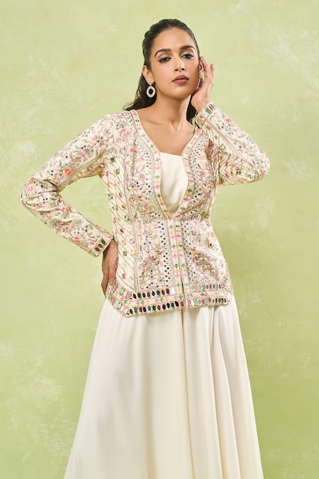 Buy_Samyukta Singhania_Cream Georgette, Silk Mirrors, Embroidery Plunge Neck, Round Jacket And Skirt Set _Online_at_Aza_Fashions
