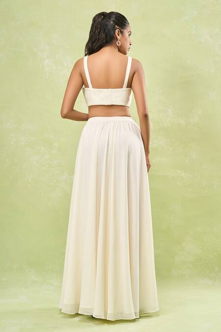 Shop_Samyukta Singhania_Cream Georgette, Silk Mirrors, Embroidery Plunge Neck, Round Jacket And Skirt Set _Online_at_Aza_Fashions