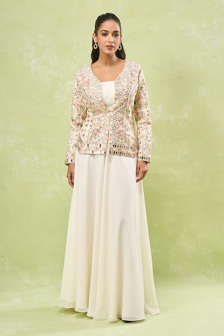 Samyukta Singhania_Cream Georgette, Silk Mirrors, Embroidery Plunge Neck, Round Jacket And Skirt Set _at_Aza_Fashions
