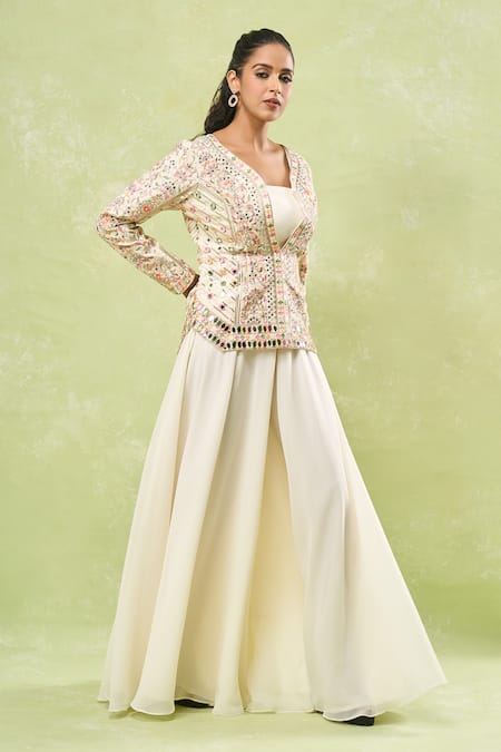 Buy_Samyukta Singhania_Cream Georgette, Silk Mirrors, Embroidery Plunge Neck, Round Jacket And Skirt Set 