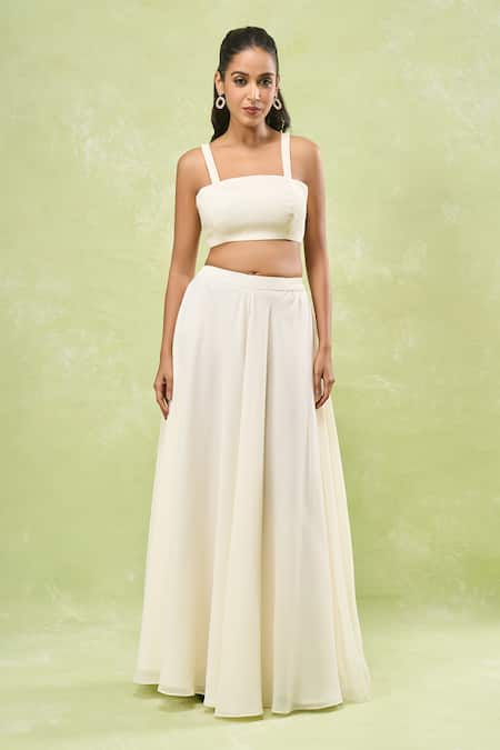 Shop_Samyukta Singhania_Cream Georgette, Silk Mirrors, Embroidery Plunge Neck, Round Jacket And Skirt Set 