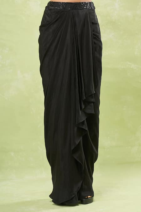 Samyukta Singhania_Black Net, Crepe Beads, Sequins Sweetheart Neck, Embroidered Jacket And Skirt Set _Online_at_Aza_Fashions