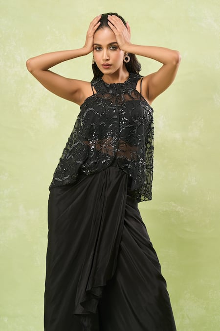 Buy_Samyukta Singhania_Black Net, Crepe Beads, Sequins Sweetheart Neck, Embroidered Jacket And Skirt Set _Online_at_Aza_Fashions