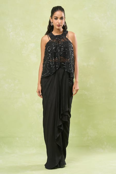 Samyukta Singhania_Black Net, Crepe Beads, Sequins Sweetheart Neck, Embroidered Jacket And Skirt Set _at_Aza_Fashions