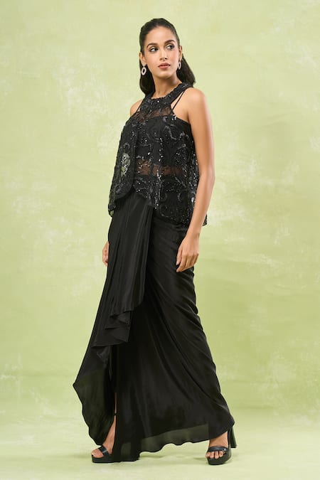 Buy_Samyukta Singhania_Black Net, Crepe Beads, Sequins Sweetheart Neck, Embroidered Jacket And Skirt Set 