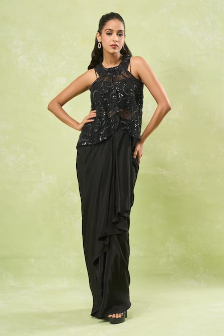 Shop_Samyukta Singhania_Black Net, Crepe Beads, Sequins Sweetheart Neck, Embroidered Jacket And Skirt Set 