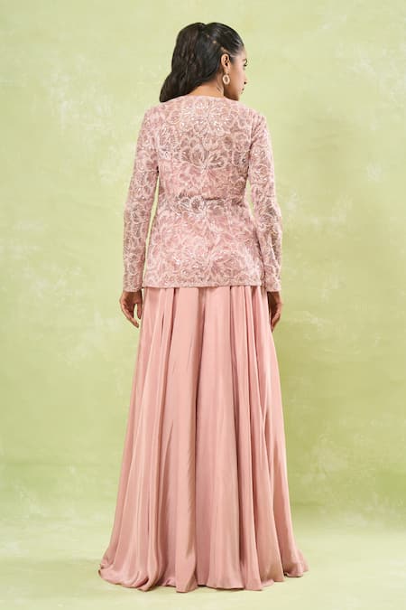 Shop_Samyukta Singhania_Pink Net, Crepe Sequins, Beads, Embroidery V-neck, Sweetheart Jacket Sharara Set _at_Aza_Fashions