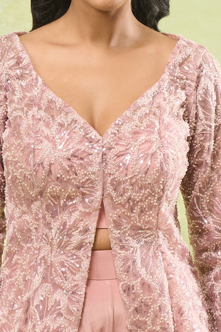 Buy_Samyukta Singhania_Pink Net, Crepe Sequins, Beads, Embroidery V-neck, Sweetheart Jacket Sharara Set _Online_at_Aza_Fashions