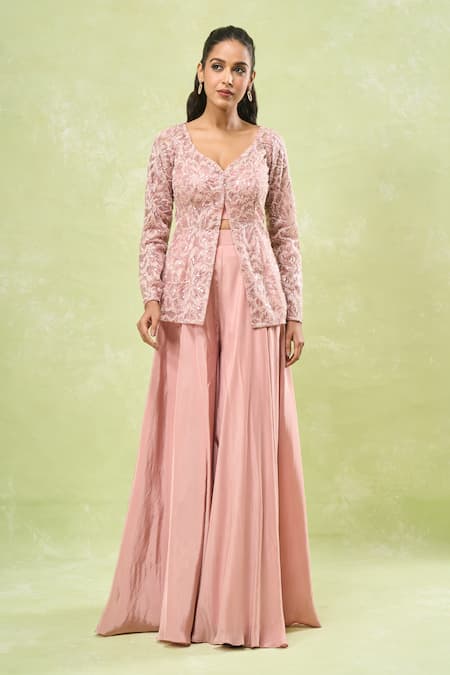 Shop_Samyukta Singhania_Pink Net, Crepe Sequins, Beads, Embroidery V-neck, Sweetheart Jacket Sharara Set _Online_at_Aza_Fashions